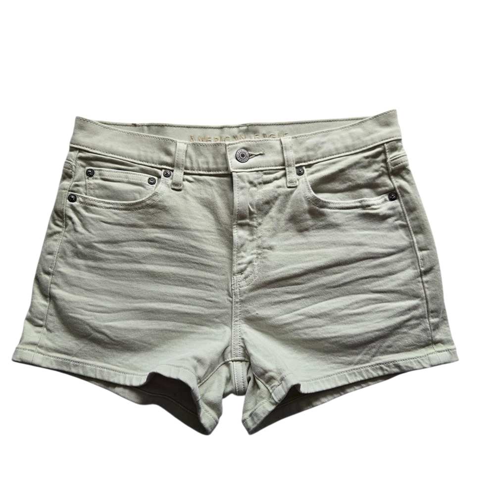 American Eagle Light Sage Green Denim Shorts Mid Rise Stretch Womens 4